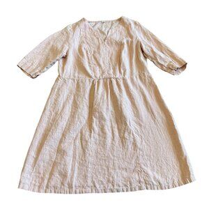 Linenbee 100% Linen Pink Dress Short Sleeve Crew Neck Pockets Size XL Women's